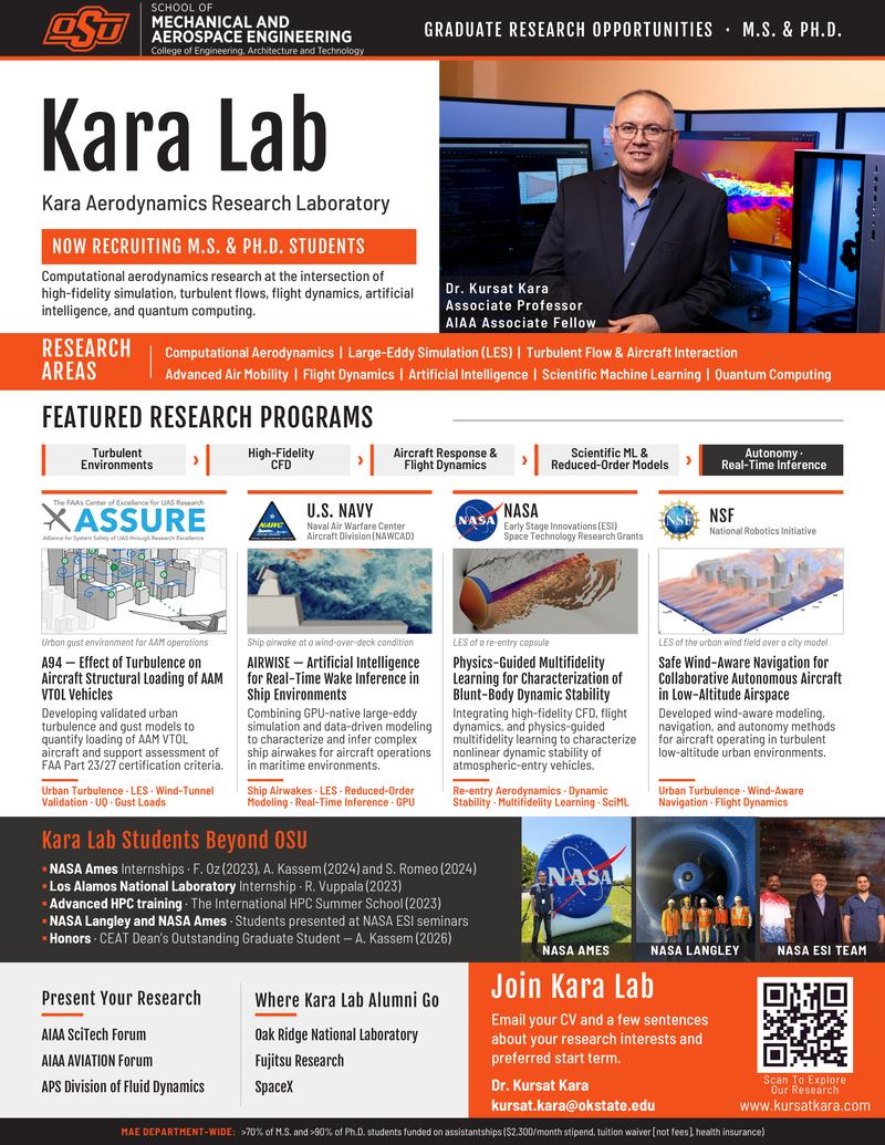 KARA Lab recruiting flyer (opens the PDF): now recruiting M.S. and Ph.D. students in computational aerodynamics, with featured programs funded by FAA ASSURE, the U.S. Navy (NAWCAD), NASA Early Stage Innovations, and the NSF National Robotics Initiative.